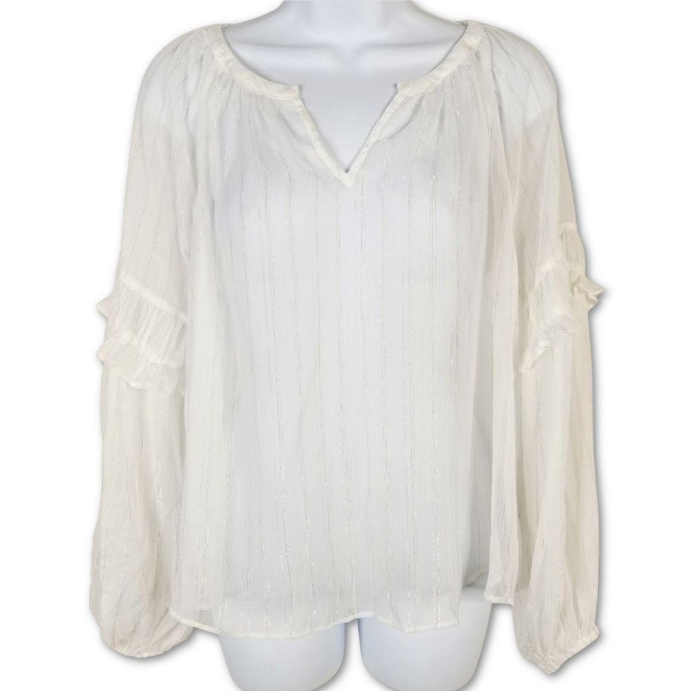 A New Day Blouse Sheer Peasant Top Gold Threaded